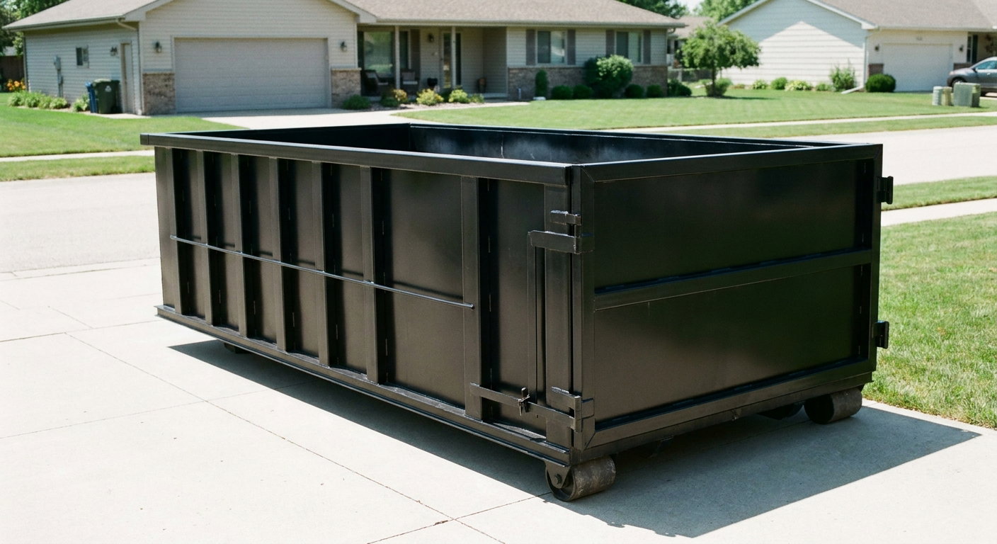 Matte-black 10-yard roll-off dumpster on a residential concrete driveway in Burnsville, uniformly painted matte black across every panel and rail, ribbed steel sidewalls and rear swing door visible, mid-day daylight.