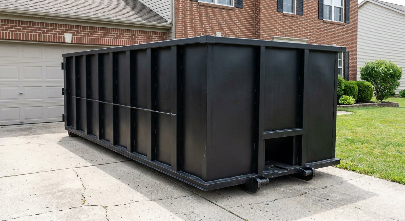 Matte-black 20-yard roll-off container on a Burnsville residential concrete driveway with reinforced ribbed steel sidewalls and a hinged rear walk-in door, clean bright daylight.